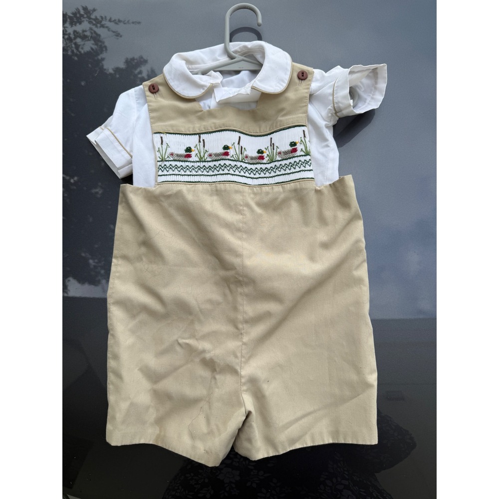 Vintage Style Smocked Mallard Duck Romper and Shirt Set Tan White 2 Piece